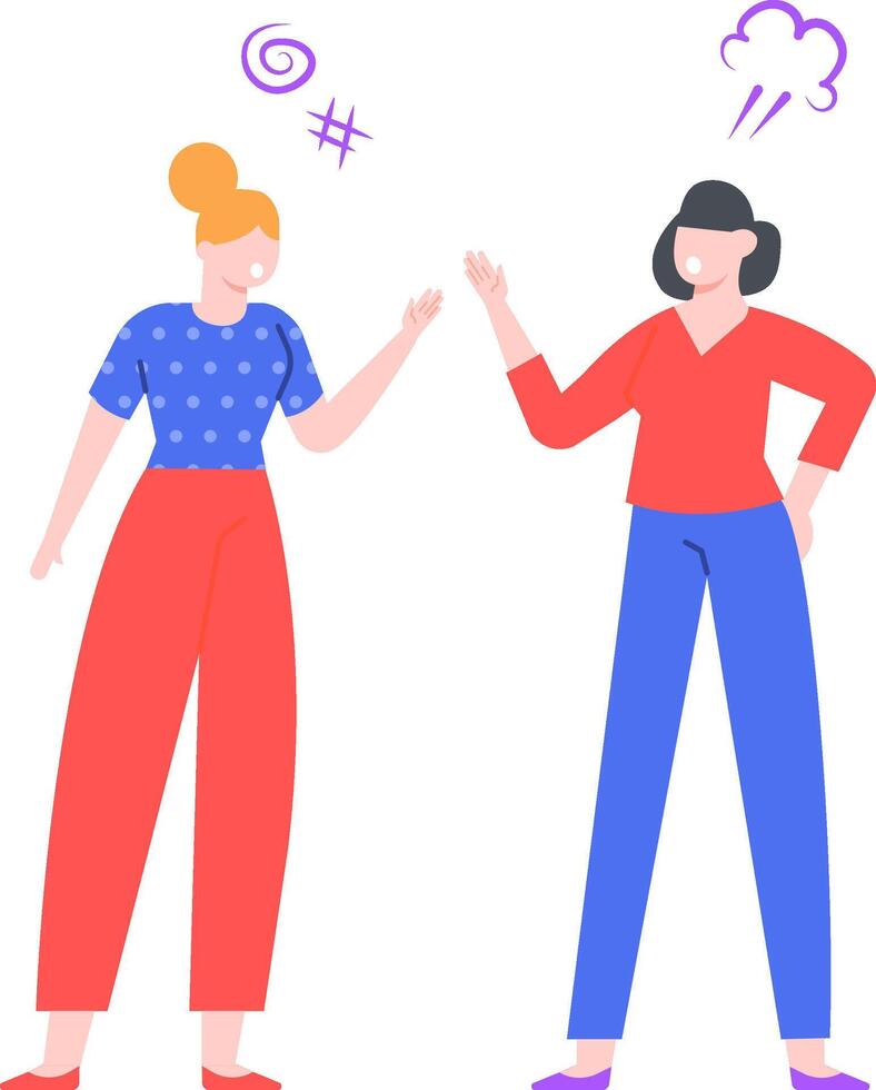 Two women arguing with raised hands, displaying anger and frustration through purple cartoon symbols, illustrating a conflict or disagreement vector
