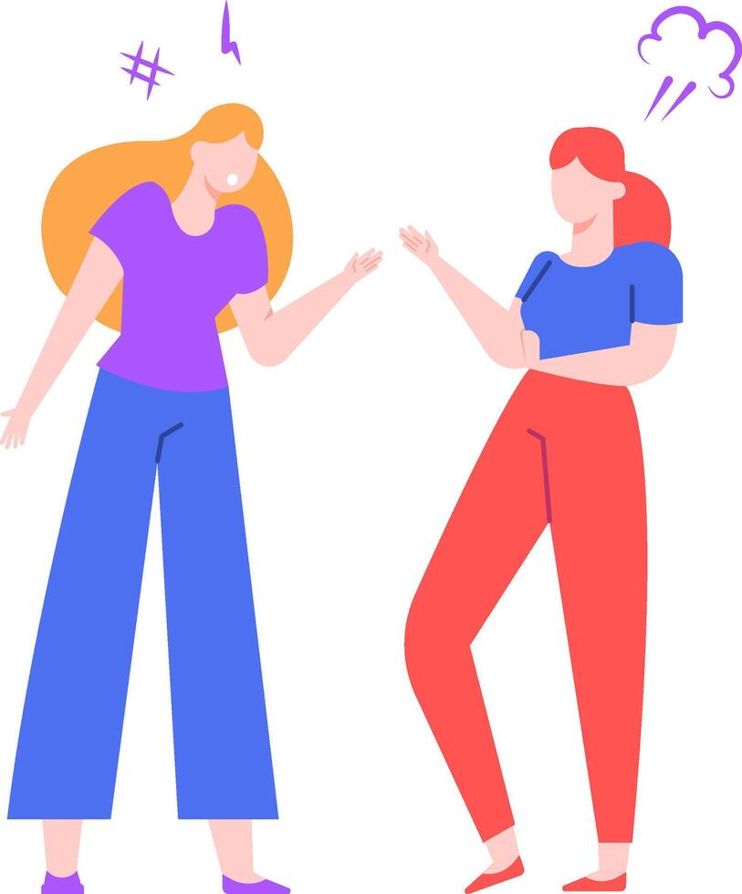 Two female colleagues having a heated discussion, gesturing with hands and expressing their disagreement, one of them is getting angry, conflict and confrontation concept vector