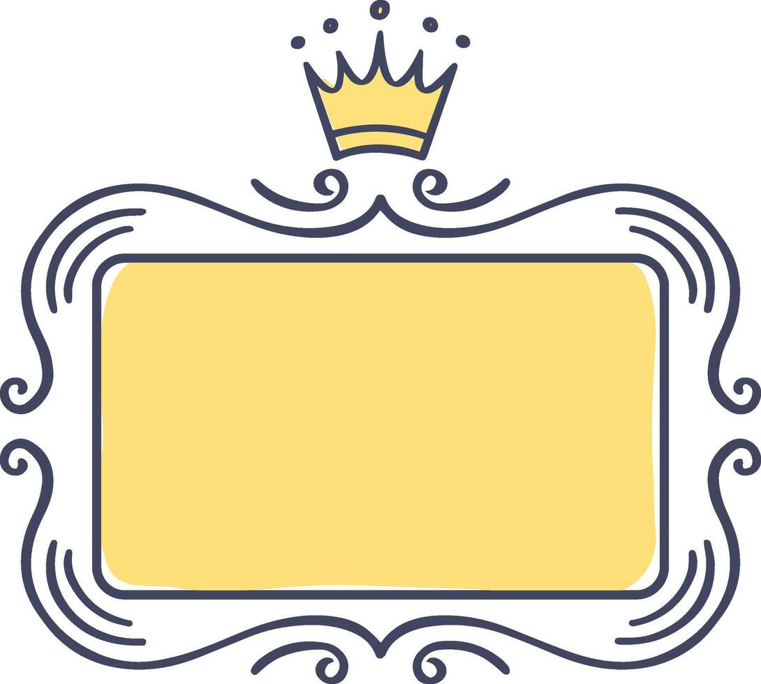 Hand drawn frame featuring a crown, swirls, and a yellow background, creating a regal and luxurious design perfect for invitations, logos, or branding vector