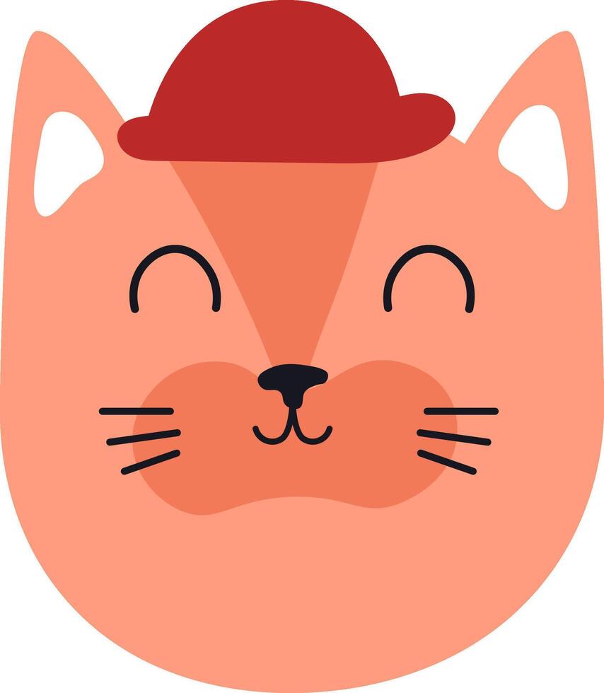 Adorable illustration of a cheerful orange cat wearing a stylish red bowler hat, perfect for children's books, greeting cards, or any project needing a touch of whimsy vector