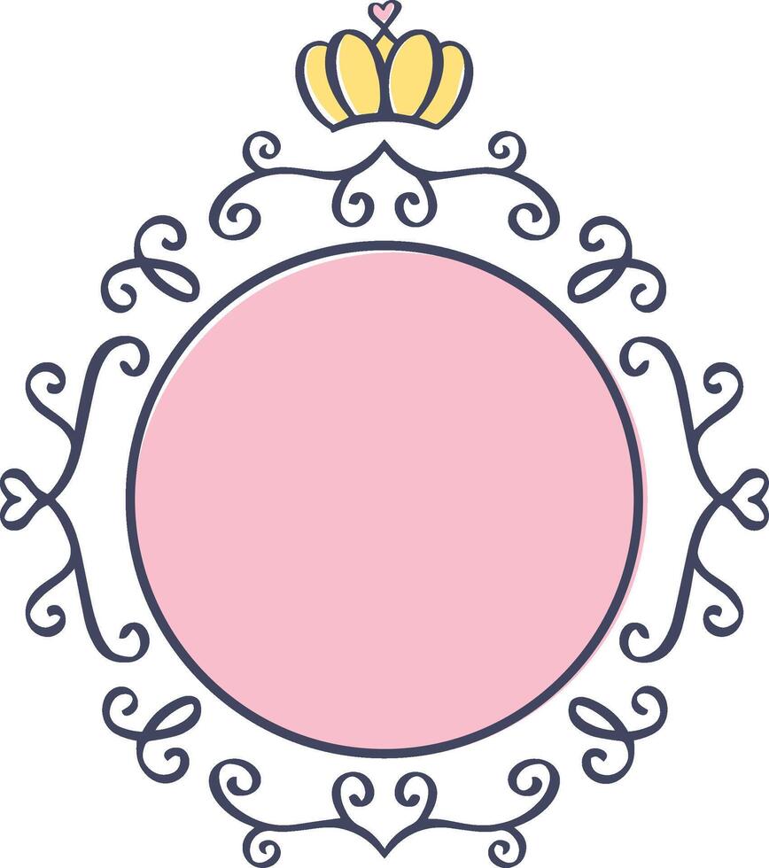 Elegant pink circle frame featuring a golden crown adorned with delicate flourishes, creating a perfect backdrop for princess themed designs and charming girly projects vector