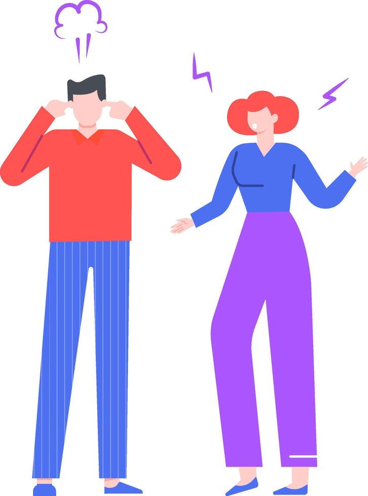 Furious woman arguing and gesturing with stressed man covering ears with hands, steam coming out from his head, lightning bolts coming out from woman's head, conflict, stress and anger concept vector