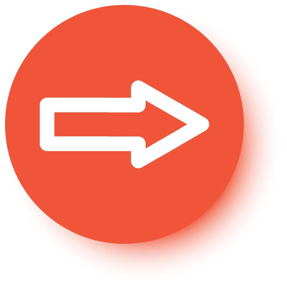 White arrow pointing right indicating direction on an orange circle with soft drop shadow suggesting forward movement, progress, and continuation vector