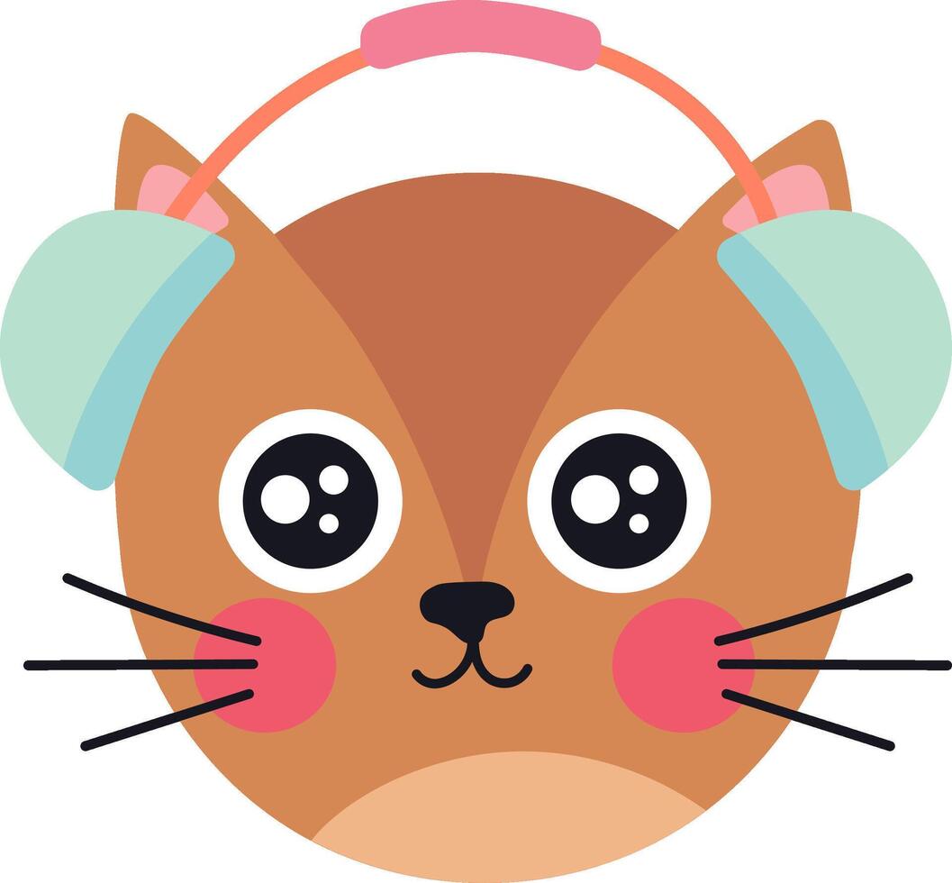 Adorable brown cat wearing winter earmuffs, looking forward with large, expressive eyes and pink cheeks, a charming and heartwarming illustration vector