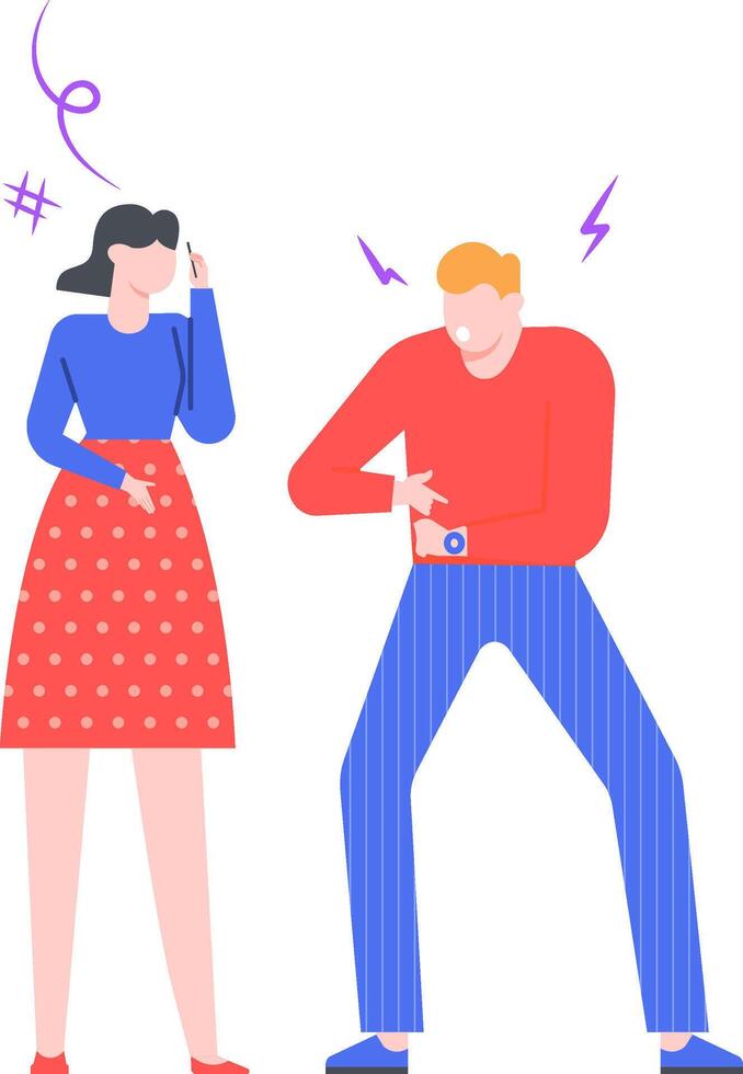 Impatient man angrily pointing at his wristwatch while waiting for a late woman talking on the phone, concept of lack of punctuality and disrespect vector