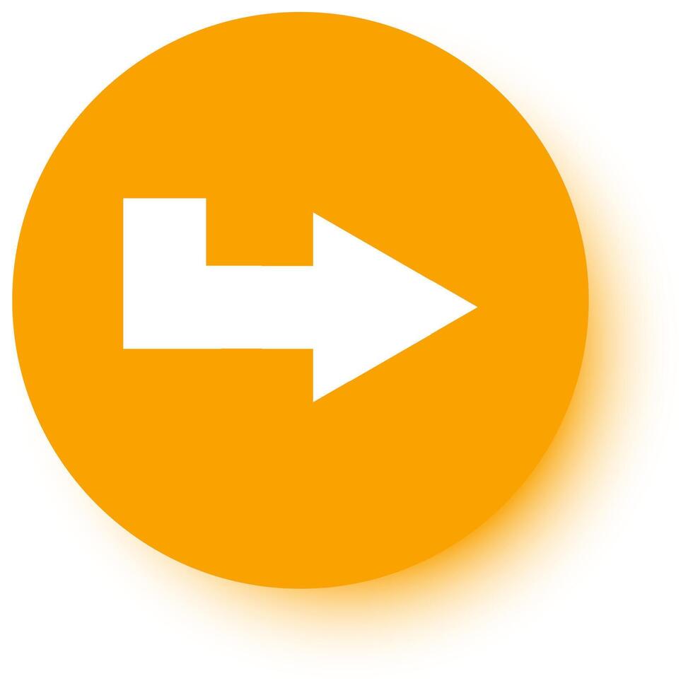 White arrow pointing right on an orange circle creates a simple, effective symbol of direction and navigation, enhanced by a subtle shadow for depth vector