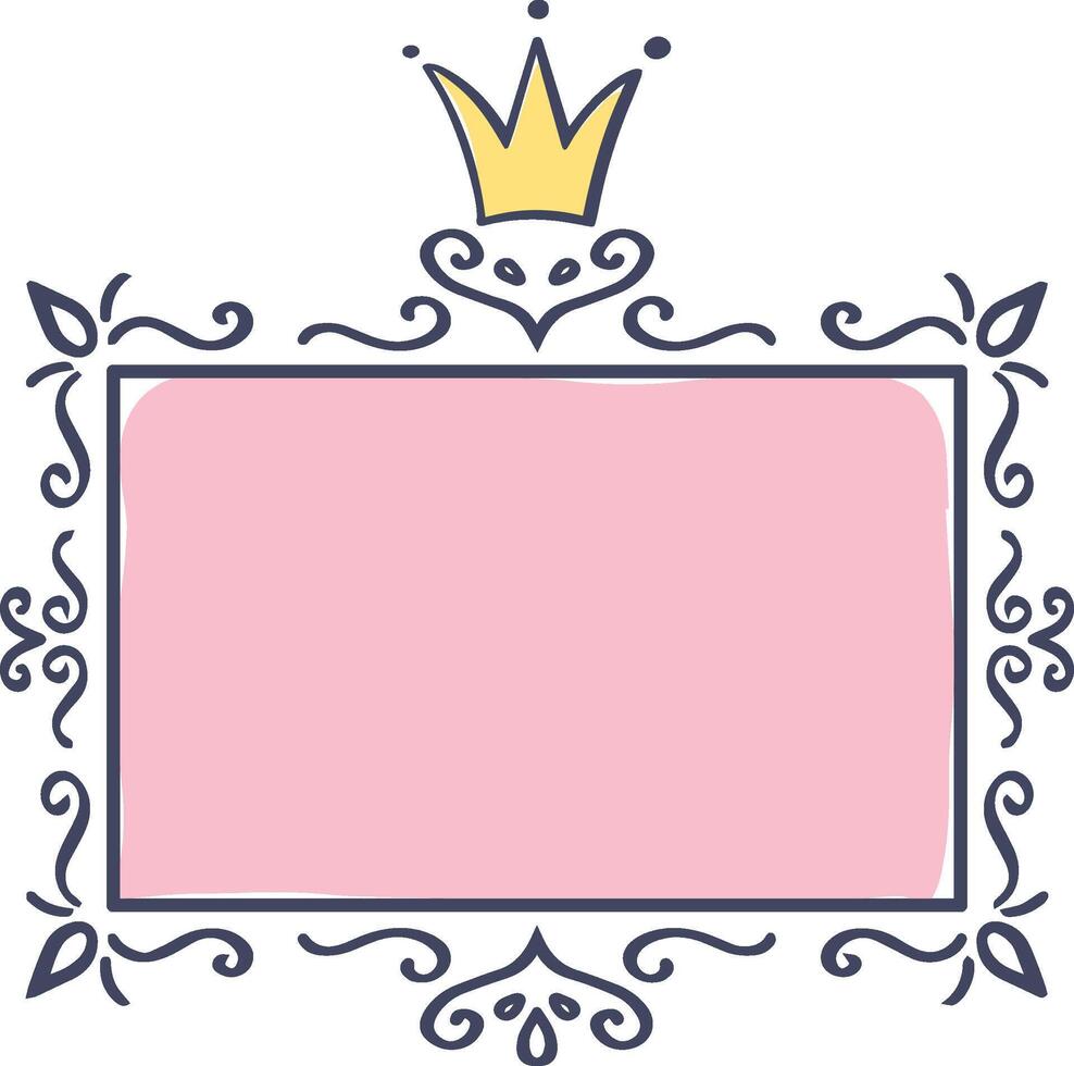 Hand drawn pink rectangular frame featuring a golden crown and elegant decorations, perfect for adding a touch of royalty and sophistication to any design project vector