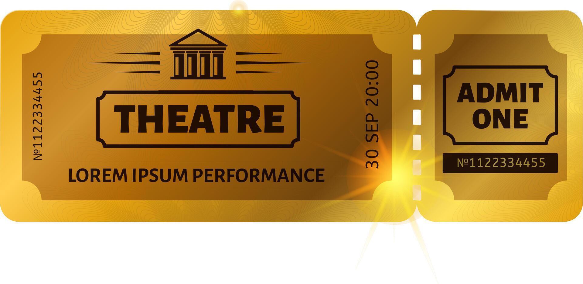 Golden ticket for a theater performance with admit one stub attached, scheduled for September 30th at 8 PM, featuring a classic theater facade icon and a placeholder name for the show vector