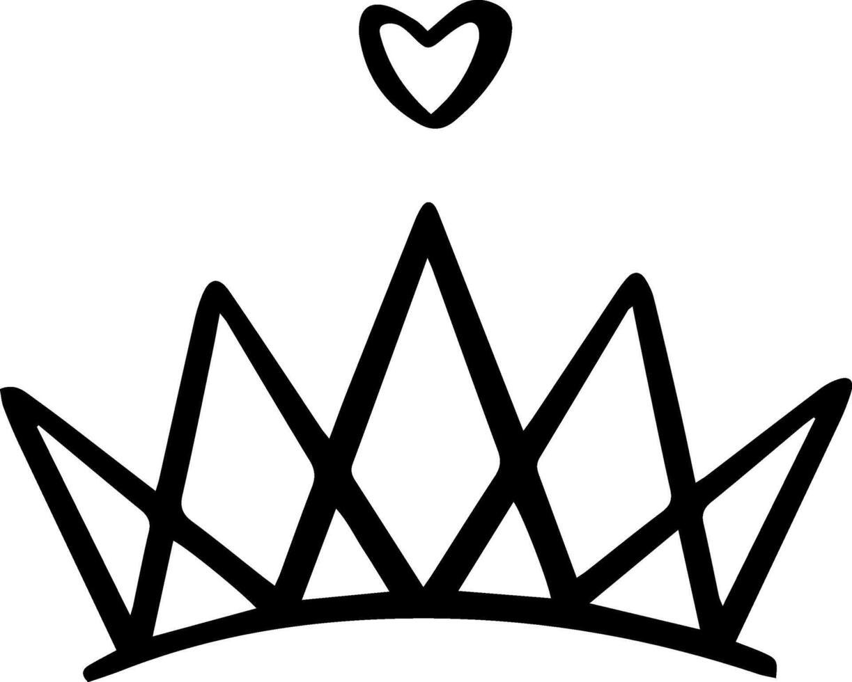 Simple, hand drawn black line art illustration of a crown with a heart floating above, representing love, royalty, and affection, perfect for Valentine's Day or any romantic occasion vector