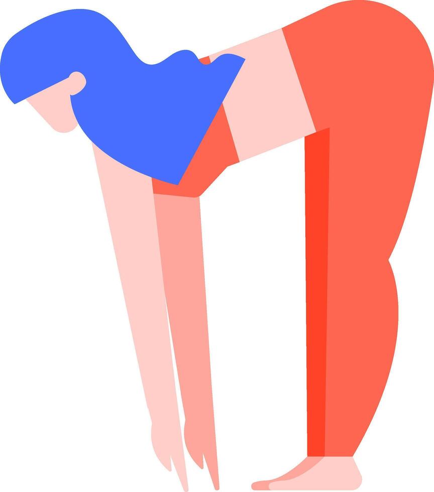 Young woman with blue hair and red sportswear is doing uttanasana, a standing forward bend yoga pose, touching the floor with her hands and keeping her legs straight vector