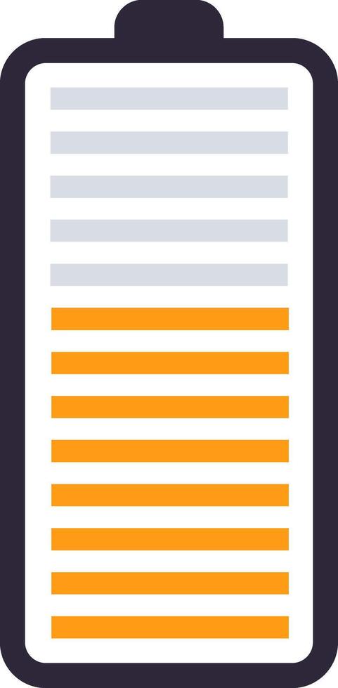 Half charged battery icon is depicted with orange representing the current charge and gray indicating the remaining capacity, symbolizing a moderate power level vector