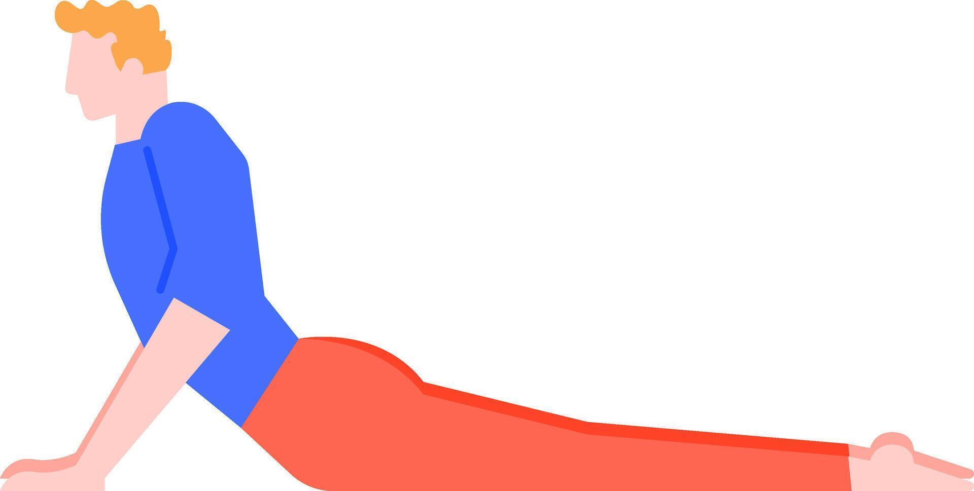 Young man with blond hair wearing a blue t shirt and orange pants practicing upward facing dog yoga pose on a white background, promoting healthy lifestyle and wellness vector