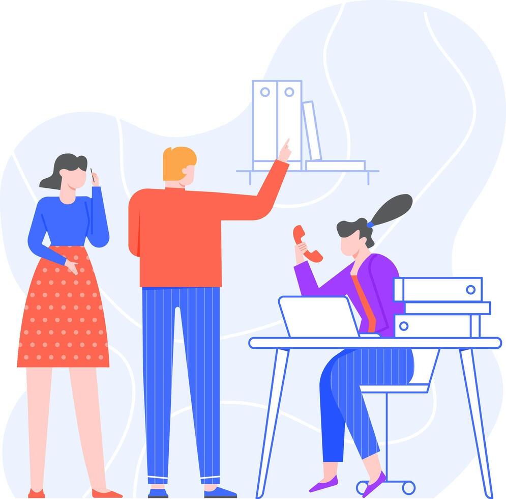 Office workers cooperating, manager giving instructions to secretary and another employee making a phone call, business team working together vector