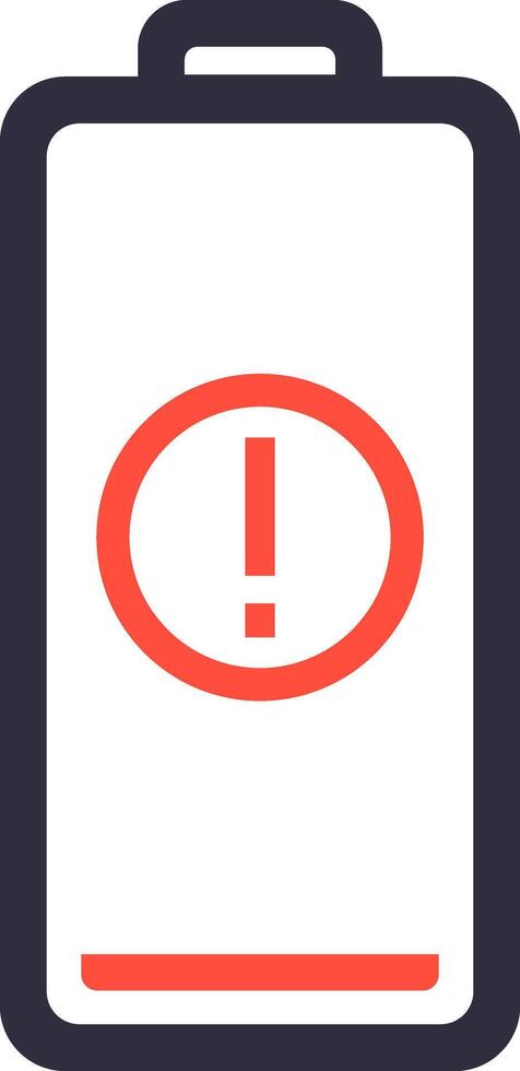 Red low battery warning sign appearing on an almost empty battery icon, indicating a critical power level and the need to recharge or replace the battery immediately to avoid device shutdown vector