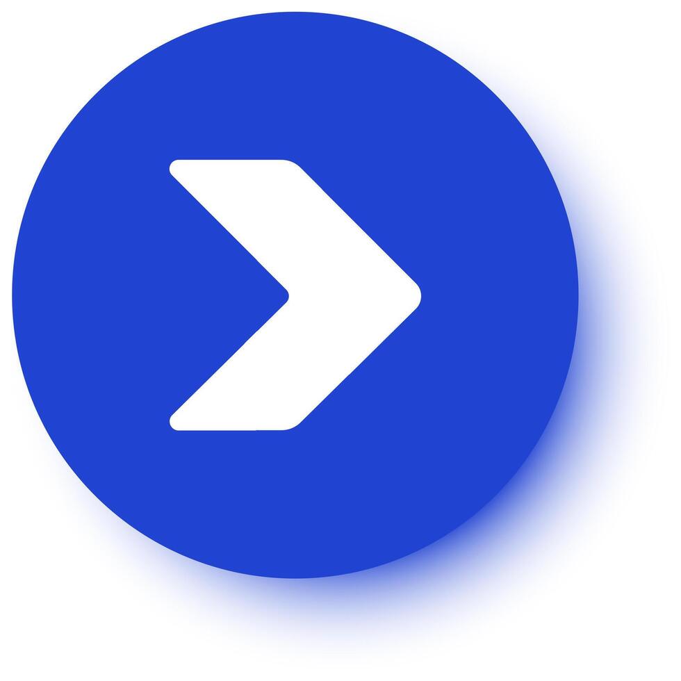 White arrow pointing right within a blue circle, featuring a shadow, symbolizing direction, progress, and forward movement, while conveying a sense of guidance and navigation vector