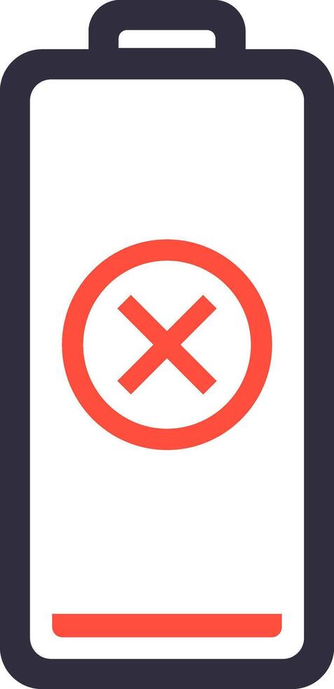 Displaying an empty battery with a red cross sign indicates a critical power condition, requiring immediate charging to prevent device shutdown and ensure continued functionality vector