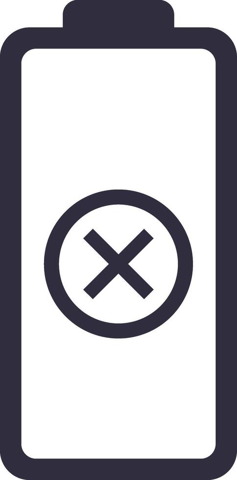 Simple battery icon with cross sign indicating low power, symbolizing the need for charging or replacement, ideal for user interfaces or energy related designs vector