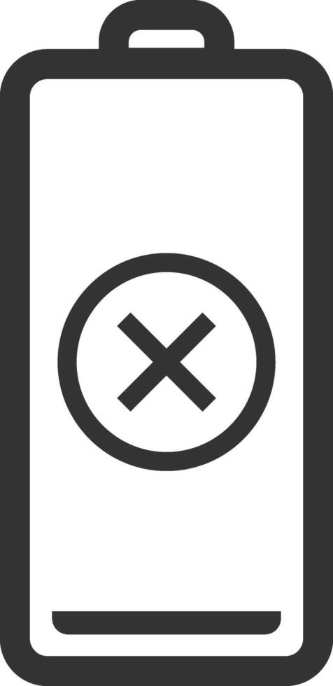 Minimalist illustration of an empty battery icon with a cross, indicating a critical power level or charging issue, isolated on white background vector