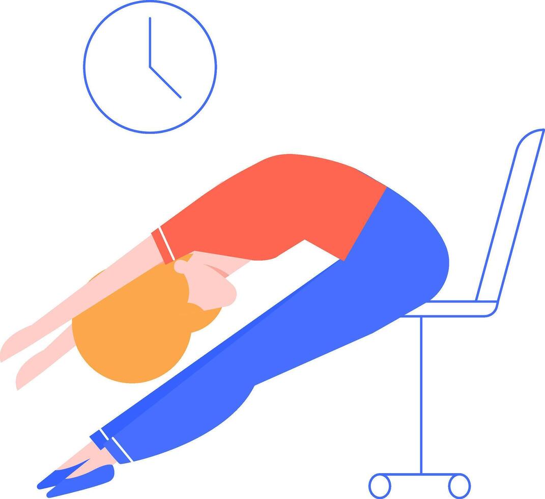 Office worker stretching using her chair, relaxing muscles while keeping an eye on the clock and working on a laptop, promoting wellness and productivity during the workday vector