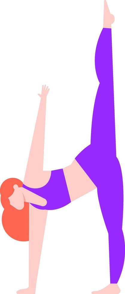 Young woman practicing standing split yoga pose, balancing on one leg with arms and leg raised, stretching body and improving flexibility, promoting healthy lifestyle and wellness vector