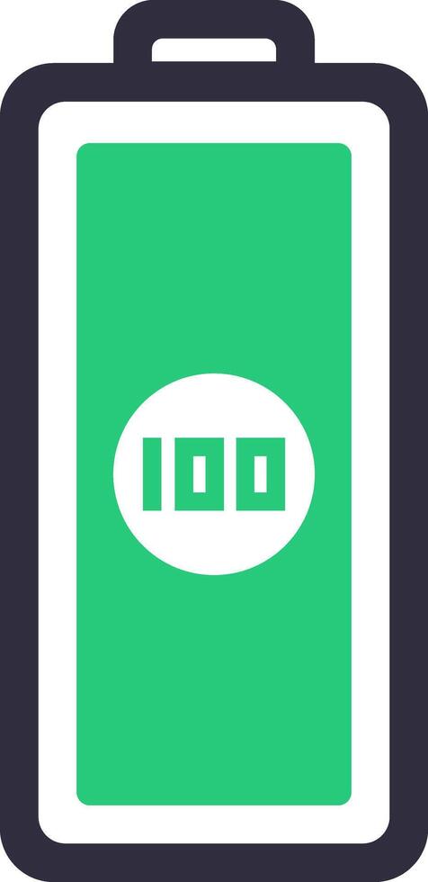 Fully charged battery icon indicating a complete one hundred percent charge level, representing power and energy concepts with a vibrant green and white design against a clean white background vector