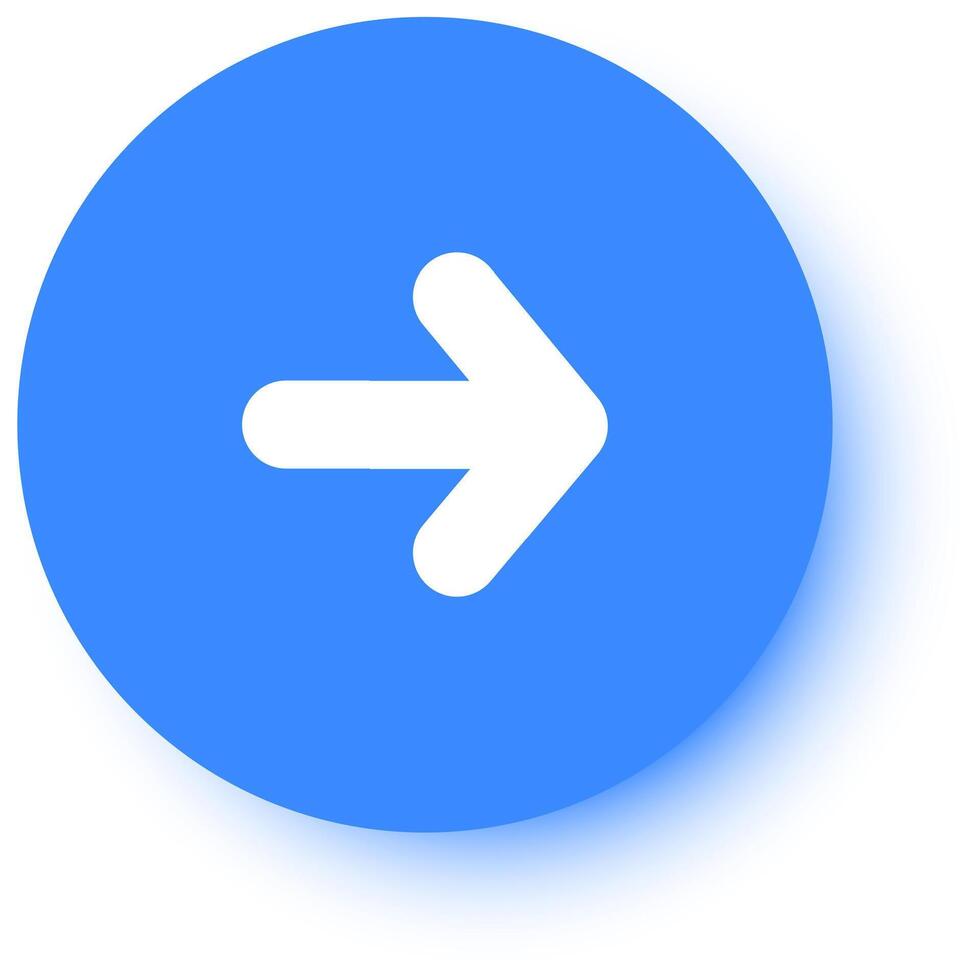 White arrow pointing right on a light blue round button with a slight shadow, perfect for web design, user interfaces, and other digital applications vector
