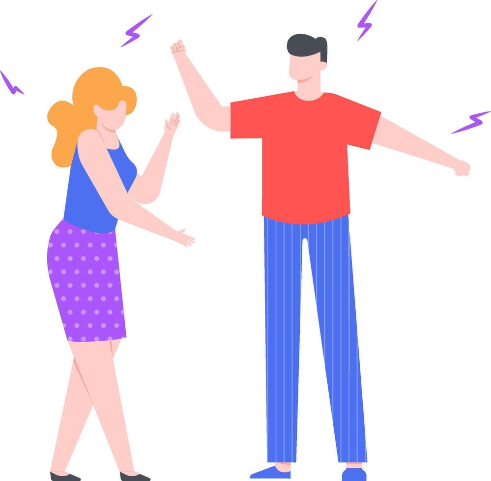 Young man and woman arguing and gesturing with raised fists and lightnings, expressing anger, disagreement, conflict, and quarrel in a stressful situation vector