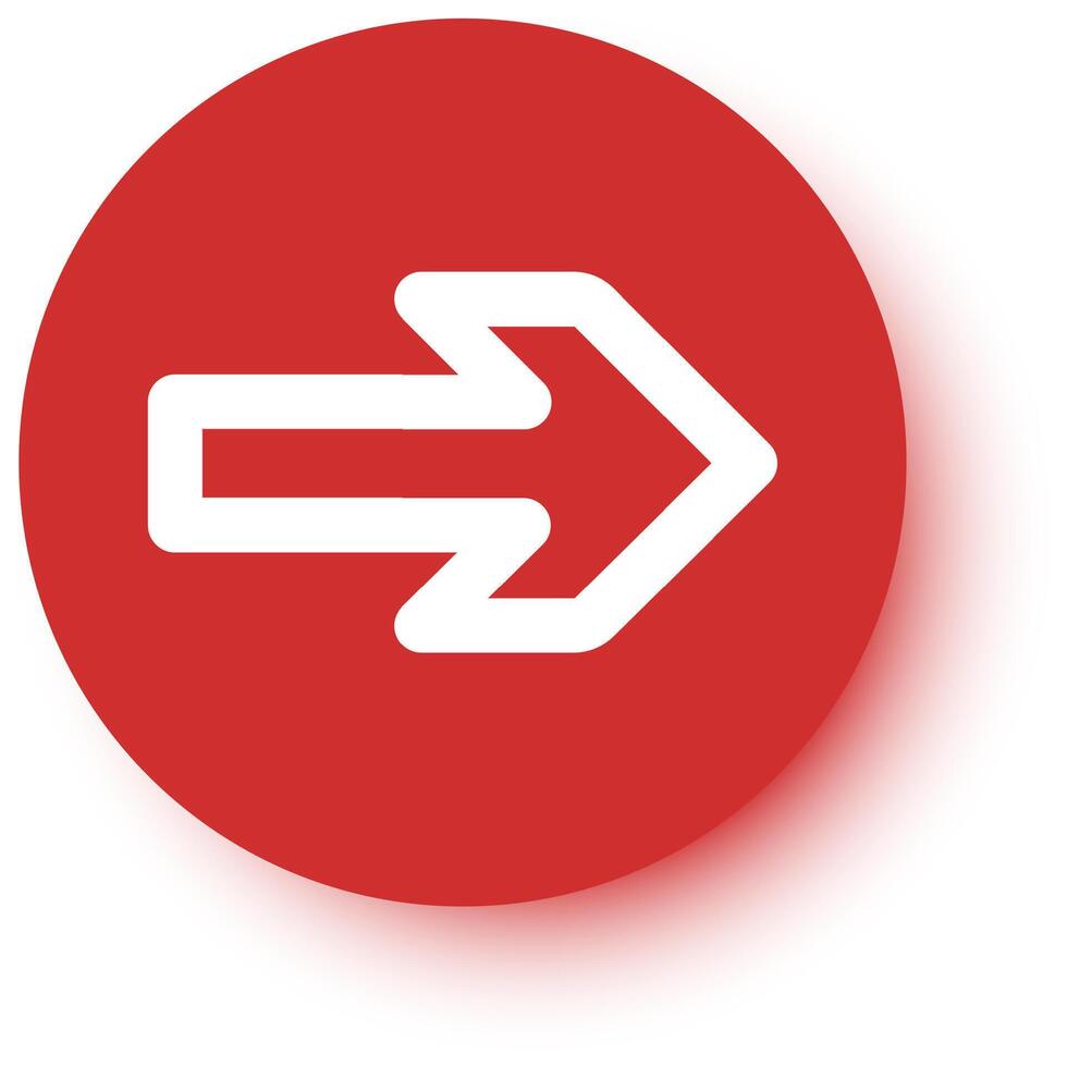 White arrow pointing right indicating the next or forward direction, placed on a red circle button with drop shadow effect, representing a modern and minimalist design vector