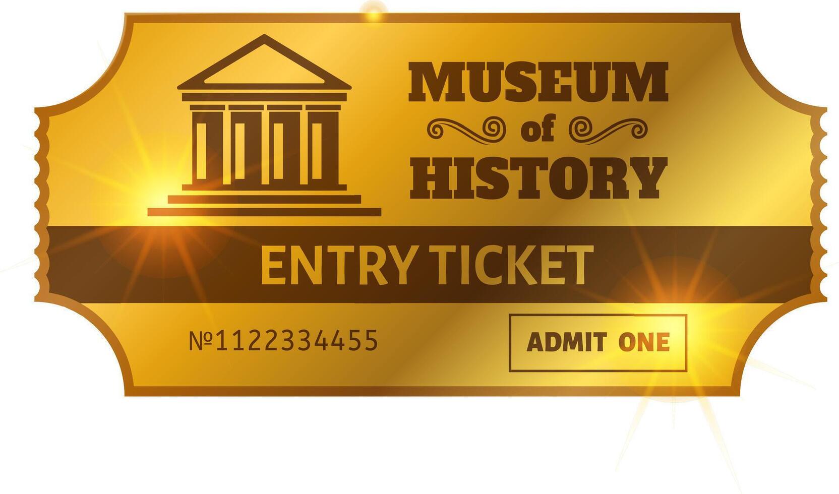 Golden entry ticket for a museum of history, featuring a classical building icon and admitting one person, evoking a sense of historical exploration and cultural experience vector