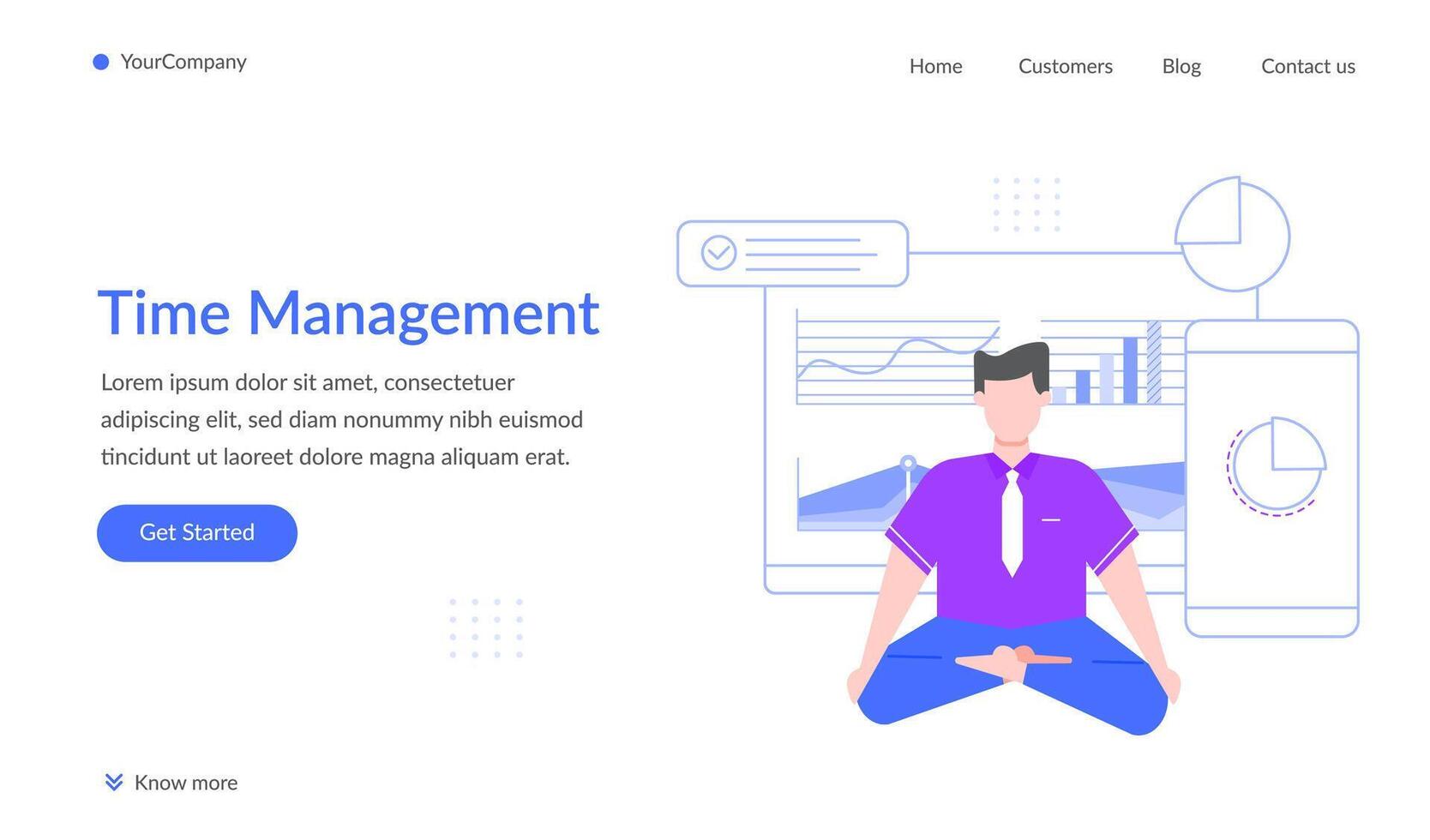 Businessman meditating in lotus position surrounded by charts and graphs, symbolizing effective time management, work life balance, and mindfulness in a busy work environment vector