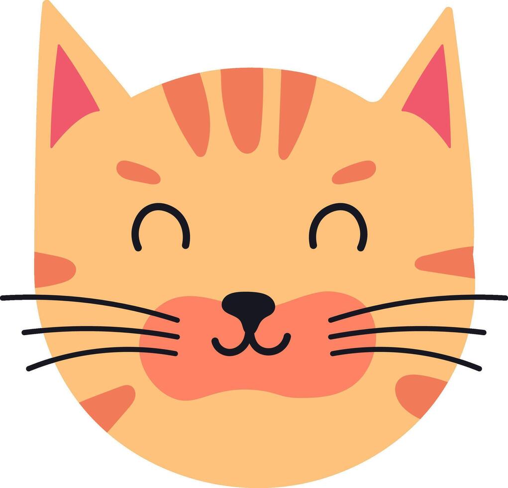 Adorable cartoon ginger cat face with closed eyes, smiling widely and showcasing charming whiskers, radiating happiness and playful feline innocence vector