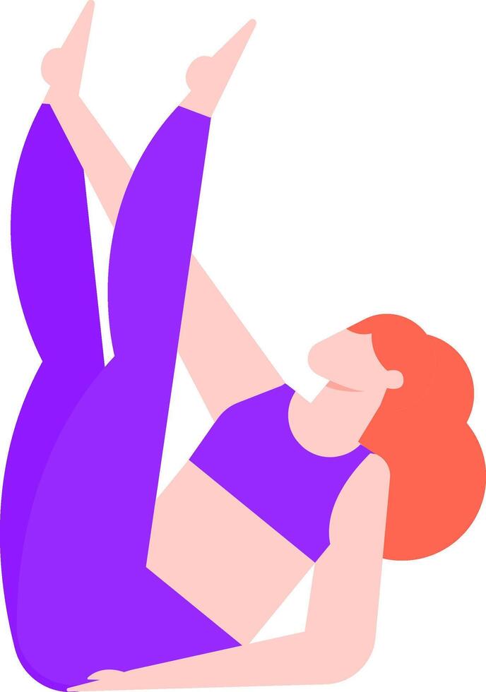 Redhead woman wearing purple sportswear practicing yoga with legs up and arms stretched out, promoting health and wellness through physical activity vector