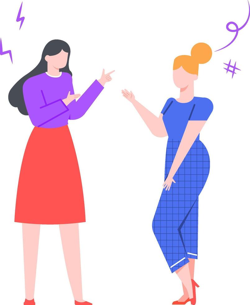 Two women are having a disagreement, gesturing with their hands and displaying frustration through symbols like lightning bolts and a hashtag, representing conflict and tension in communication vector