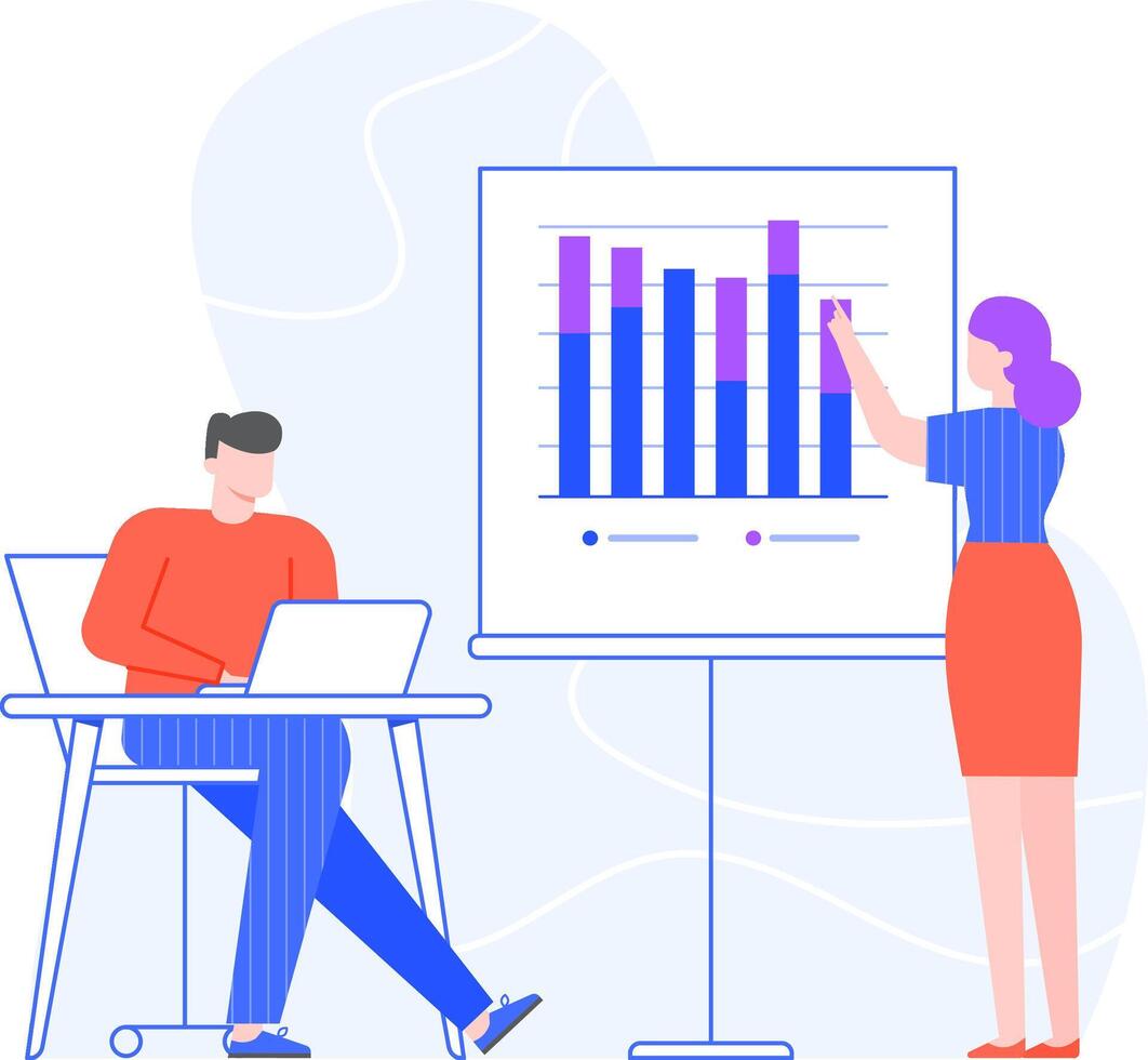 Businesswoman pointing at graph on whiteboard during a presentation, businessman using laptop, analyzing financial data and planning strategy, business meeting and teamwork concept vector