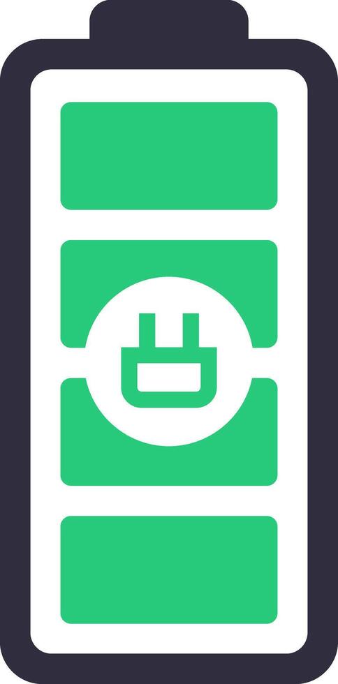 Charging battery icon displaying a plug symbol alongside a vibrant green charge level, illustrating electric power, energy flow, and the charging process for various devices vector