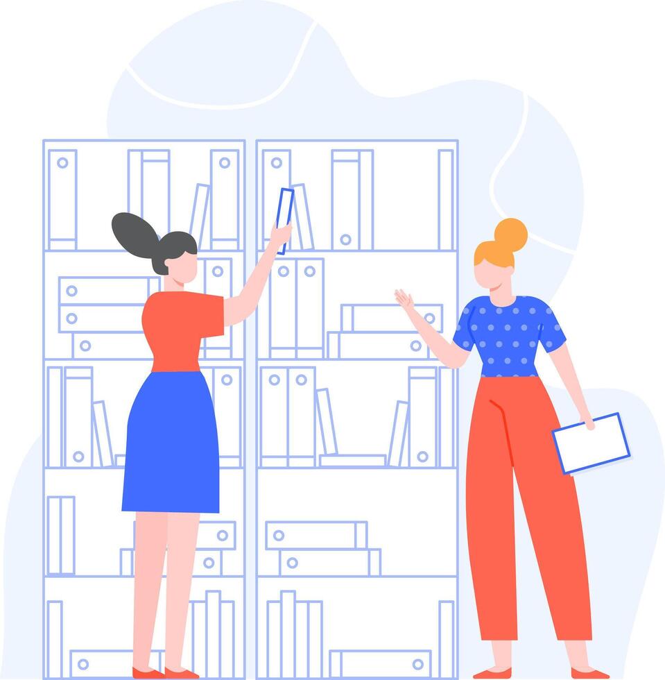 Two young office workers collaborating while searching through files and documents in the company archive, efficiently organizing paperwork and managing important information vector