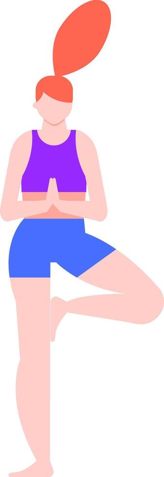 Young woman with red hair tied up is practicing yoga tree pose, standing on one leg with hands joined in front of her chest, promoting balance, mindfulness, and physical wellbeing vector