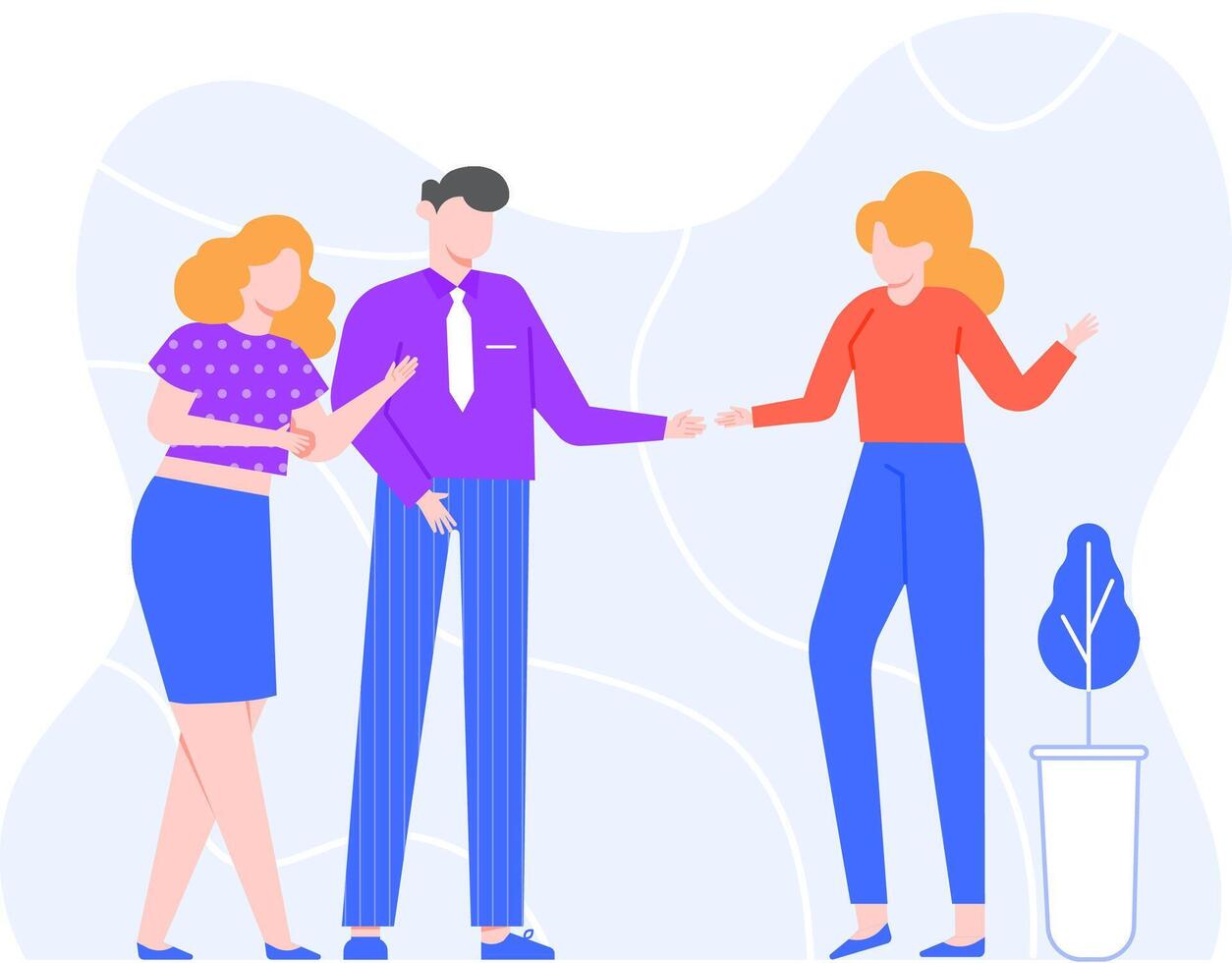 Office workers engaging in handshakes, celebrating successful projects, welcoming new team members, and forming partnerships through collaboration and teamwork in a vibrant corporate setting vector