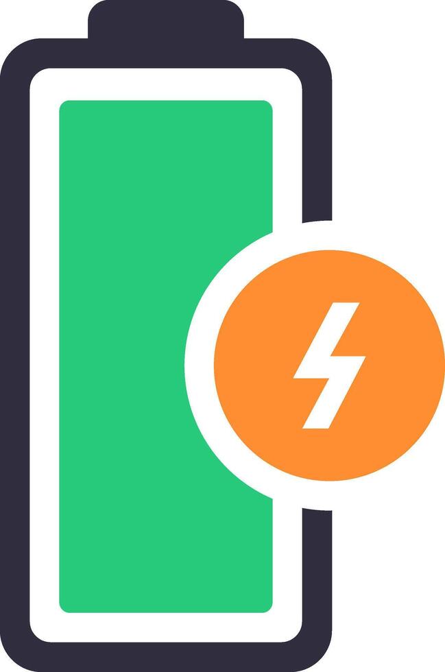 Battery icon charging, with green indicator and orange lightning bolt representing energy and power, ideal for illustrating charging process vector