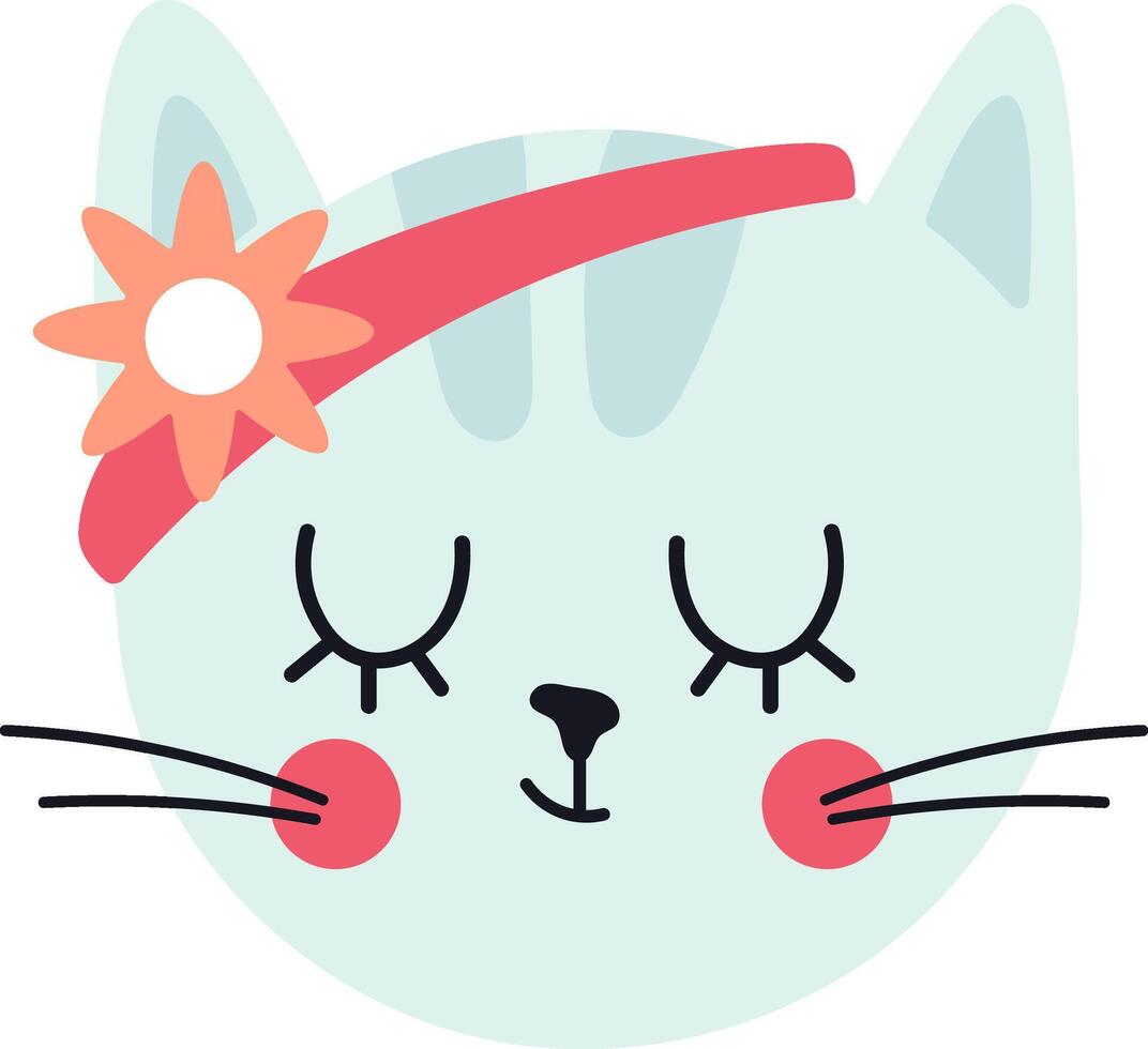Adorable turquoise cat face with closed eyes, wearing a pink headband with an orange flower, showing whiskers and pink cheeks, perfect for children's designs vector