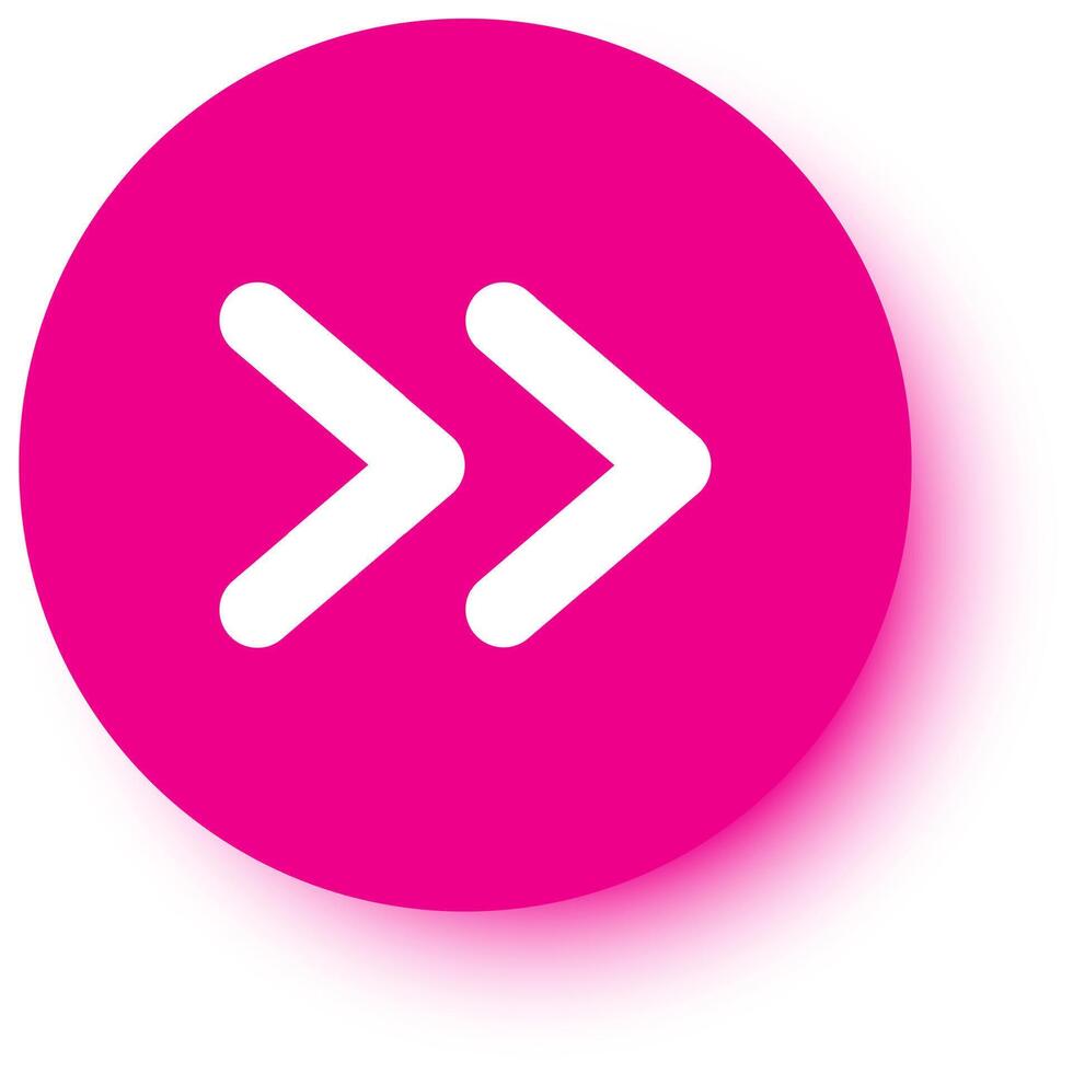 Double white arrow pointing right on pink circle button representing forward, next, play, or fast forward function, ideal for web design, user interface, or graphic design projects vector