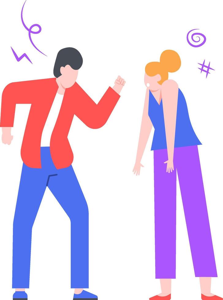 Furious man raising fist and shouting at sad woman during an argument, couple fighting and quarreling, disagreement and conflict in relationship, domestic violence and abuse concept vector