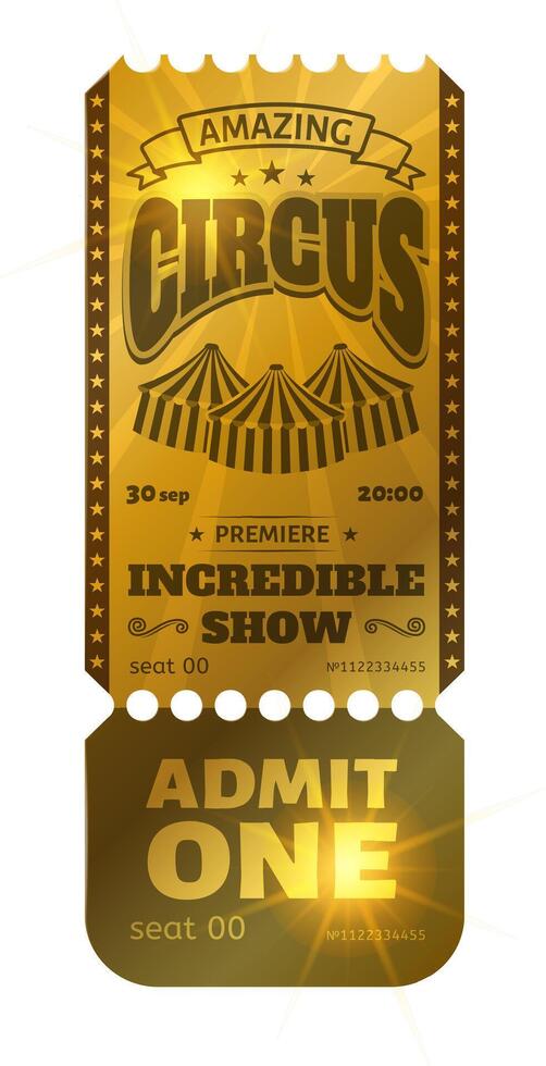 Golden ticket inviting guests to an amazing circus show premiere, happening on September 30th at 8 PM, promises an incredible evening filled with magic and entertainment vector