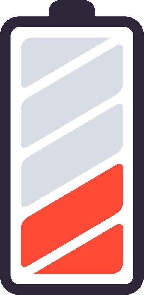 Battery icon showing a low charge level with red color filling the bottom part, indicating critical power status and the need for immediate charging vector