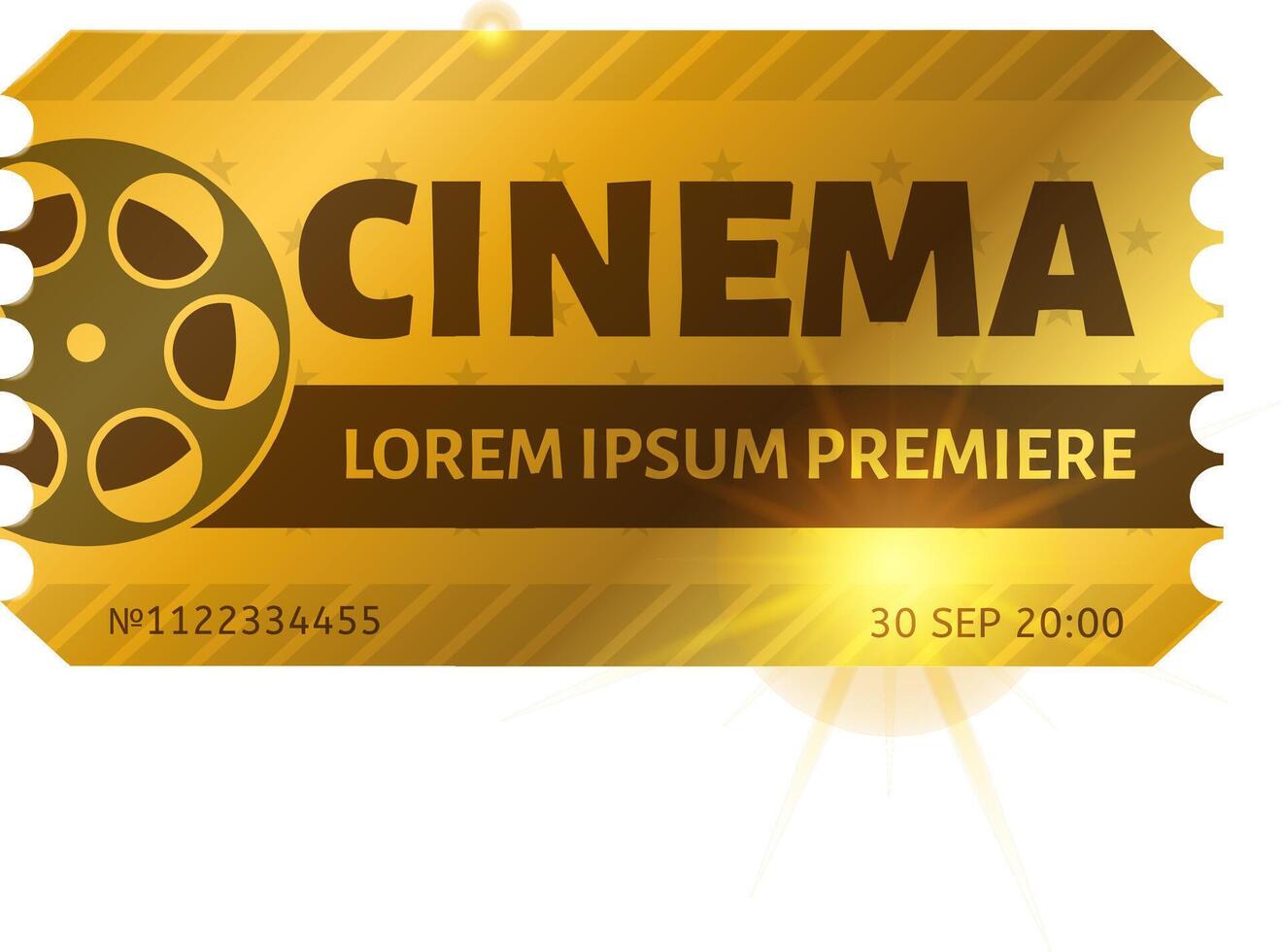 Golden cinema ticket for a movie premiere showing date, time, number and a film reel icon, representing entertainment and access to exclusive events vector