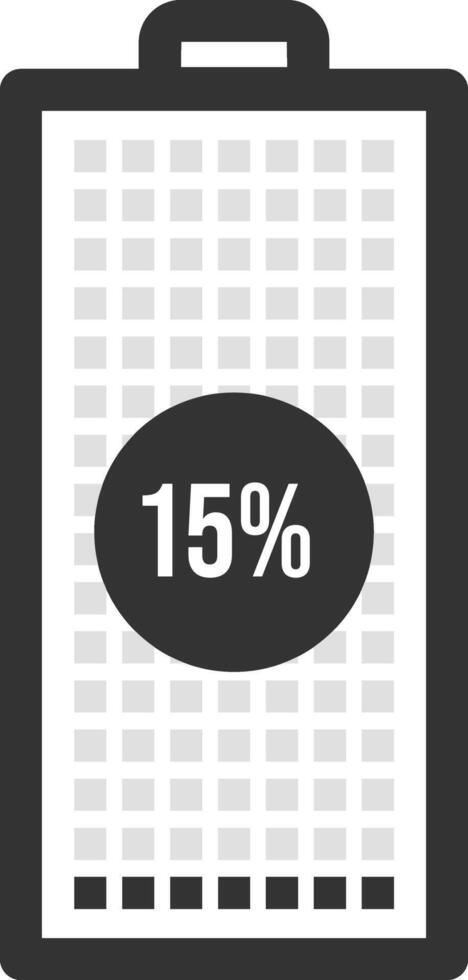 Minimalist battery icon displaying a 15 percent charge level, visualized with a grid and a percentage indicator, symbolizing low power and the need to recharge vector