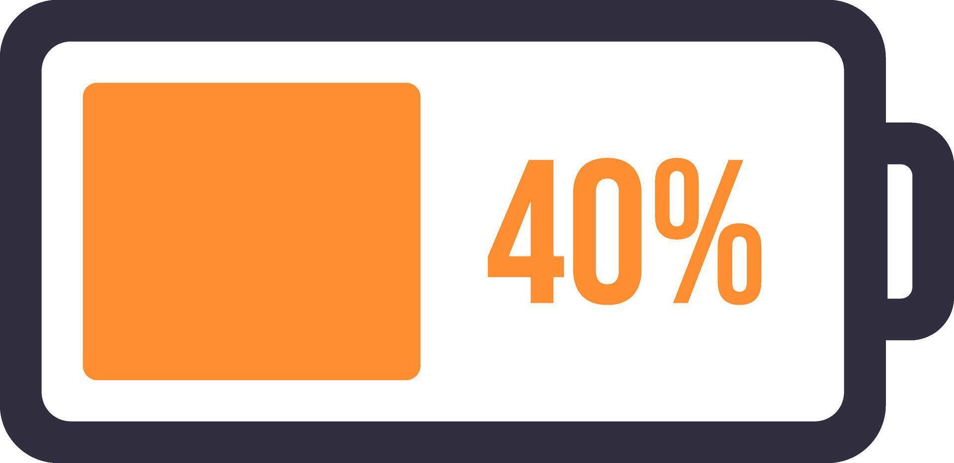 Simple battery icon featuring an orange indicator displaying a 40 percent charge, symbolizing partial power availability on various digital devices like phones, laptops, and tablets vector