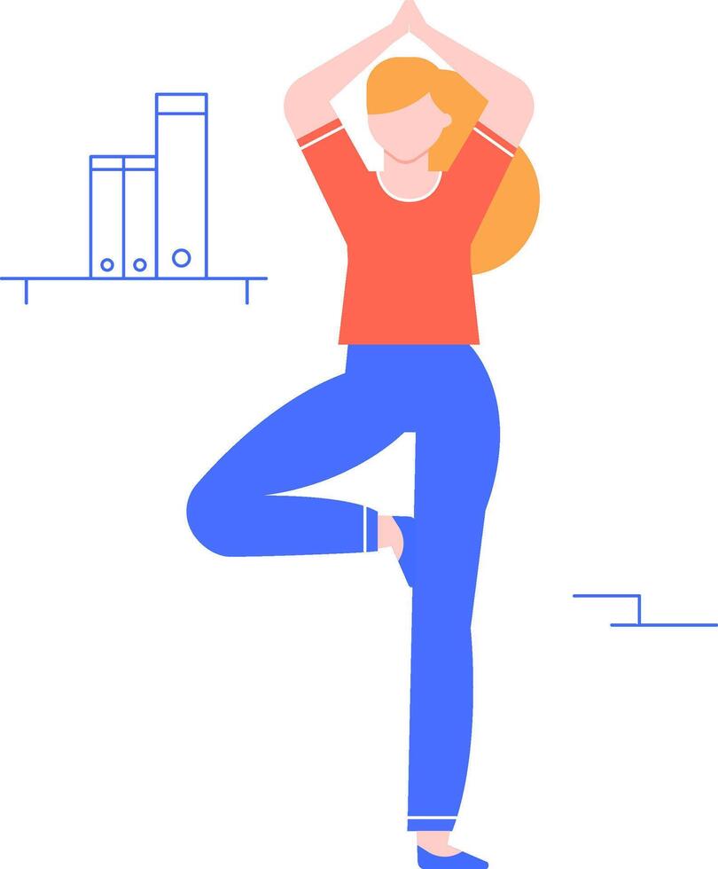 Young office worker practicing yoga in tree pose, promoting workplace wellness, stress reduction, and mindfulness during work breaks for improved focus and productivity vector