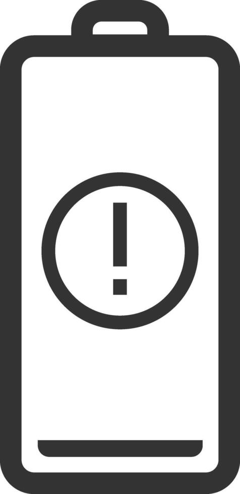 Simple battery icon depicting low charge, featuring an exclamation mark warning sign, presented as an isolated illustration on a clean white background vector