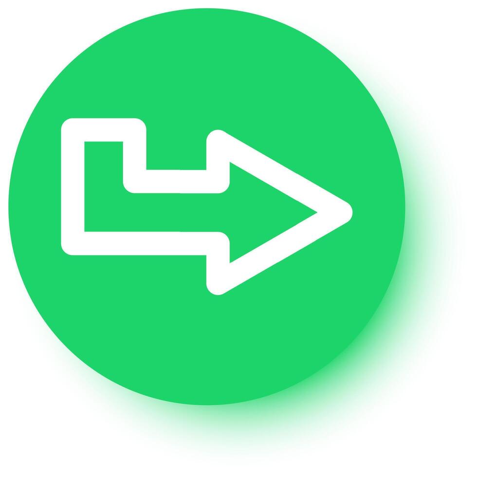 White arrow pointing to the right placed on a green circle with a slight shadow on a white background, ideal for indicating direction or progress vector